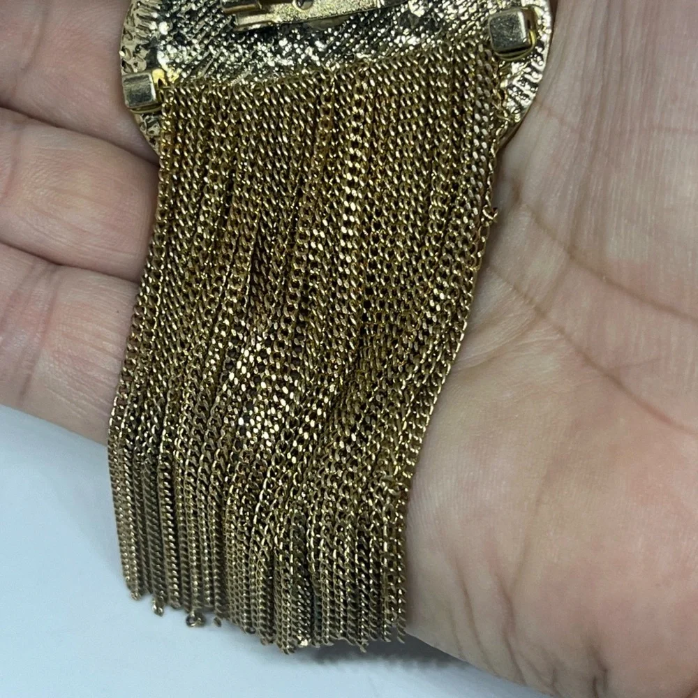 Art Deco Vintage Abalone and Brass Waterfall Jewelry Brooch w/ Gold Chain Fringe